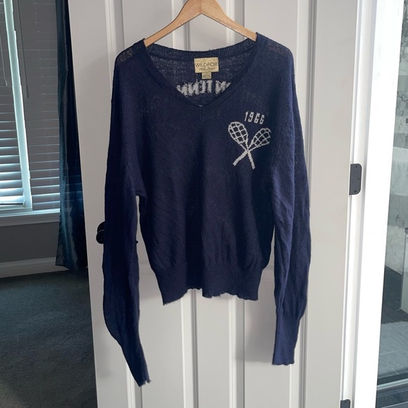 WILDFOX Hampton Tennis Club 1966 Semi Sheer Oversized Sweater Navy V-Neck Small - Picture 6 of 10